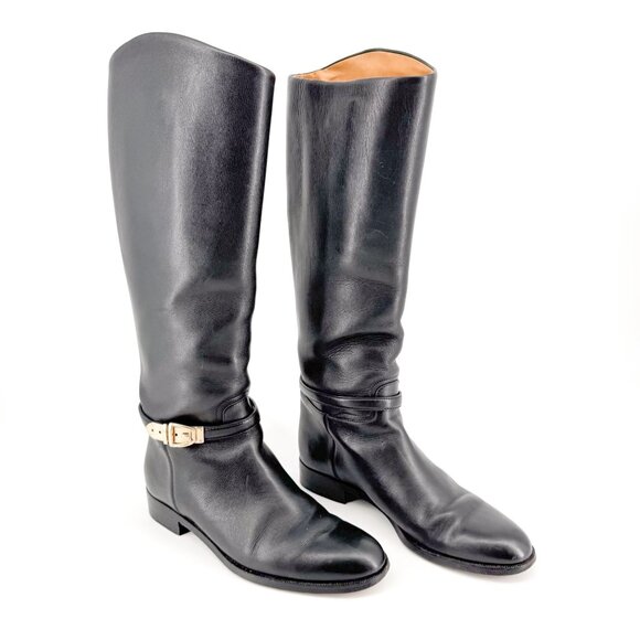 Gucci Knee High Riding Boots US 8 Black Leather Low Block Heel Buckle Strap - Picture 1 of 13